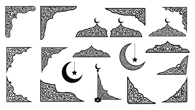 Islamic ornamental corner and crescent moon star motif decorative set