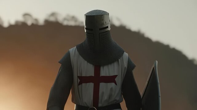 Knight templar walking toward sunset in dusty armor after battle on a dramatic medieval field