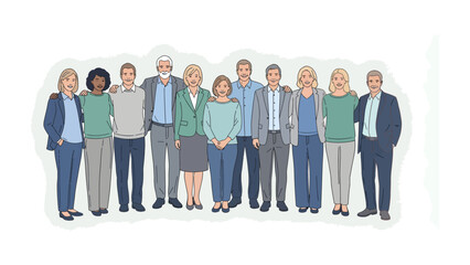 Unity of Purpose: A diverse group stands shoulder-to-shoulder, representing unity and shared goals, demonstrating solidarity and a collective spirit. © Jannat