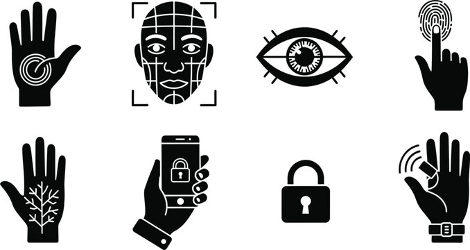 Collection of black and white icons depicting hands face eye lock and smartphone