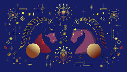 Two golden horses with ornate manes face each other amid fireworks © Raju