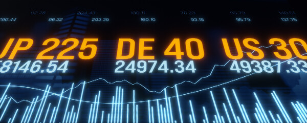 Device screen with global stock market index data, financial market information. Bar graph, rising chart and market prices, trading board, investment strategy, equity, risk management, information. © Westlight