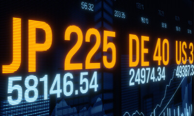 Device screen with global stock market index data, financial market information. Bar graph, rising chart and market prices, trading board, investment strategy, equity, risk management, information. © Westlight