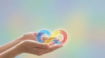 Fototapeta premium Gentle hands tenderly cradling a vibrant, glowing rainbow infinity symbol, representing autism awareness, neurodiversity, inclusion, and endless possibilities