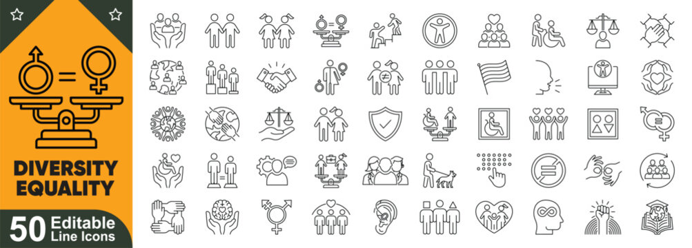 Diversity and equality line icons set. Inclusive community, human rights, social unity, equal opportunity, multicultural people, editable stroke vector collection.