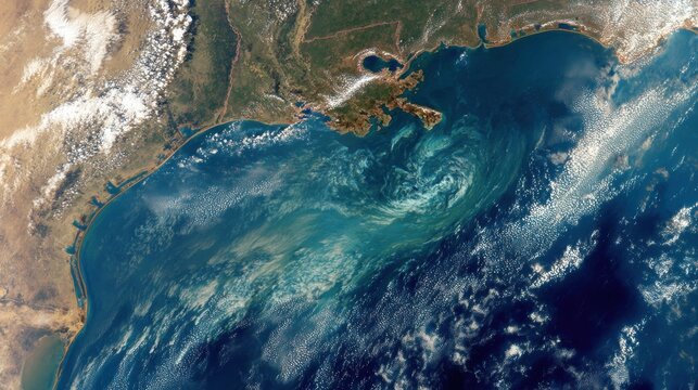 Aerial view of ocean currents and coastal land