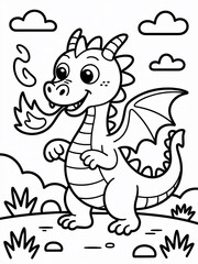 Happy cartoon dragon breathing fire, outline illustration