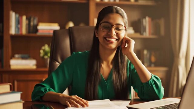 Young Indian woman working on laptop at office desk
