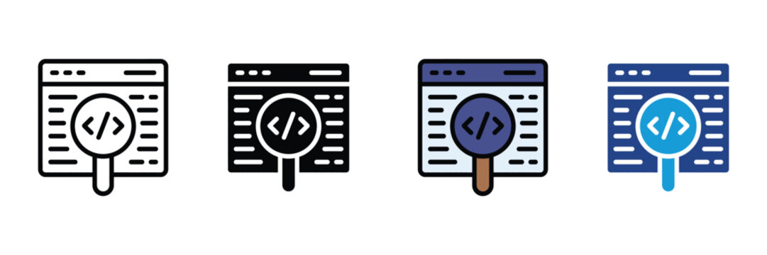 Code search and web programming analysis icon set. Browser window with magnifying glass and coding script symbols for software development. Vector Illustration.