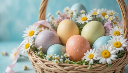 Fototapeta premium Colorful Easter Eggs Nestled in a Woven Basket Surrounded by Fresh Daisies and Greenery