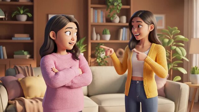 Two animated women conversing in a home setting cartoon style animation friendly discussion rendered image of friends indoors