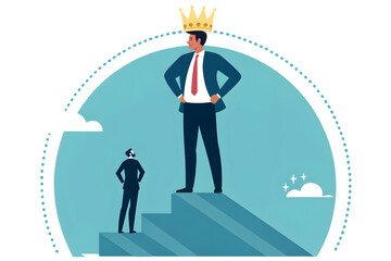 Fototapeta premium Man with Crown on Steps Looking Down at Smaller Man Business Concept