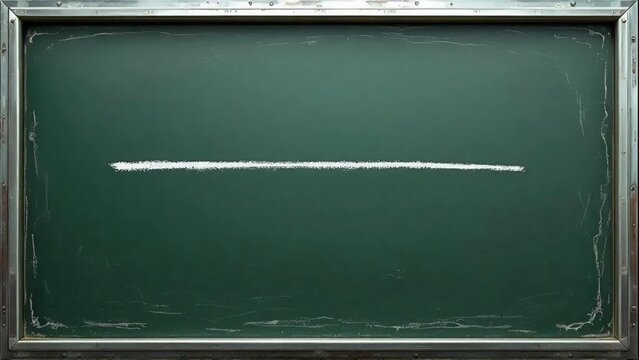 Green classroom chalkboard with wooden frame and a single white chalk line. Simple education background with copy space, representing school learning, teaching, and academic concepts.