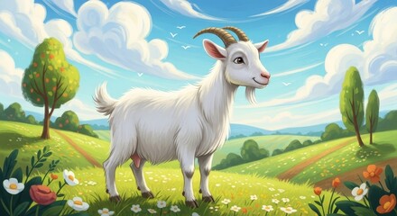 Naklejka premium Cheerful goat standing amidst vibrant green meadow with flowers and trees under blue sky. Goat appears happy, enjoying sunny day in picturesque landscape with rolling hills.