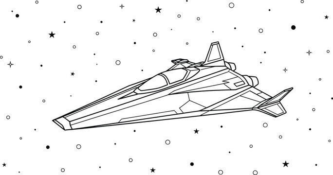 Simple outline drawing of a futuristic starfighter spaceship soaring through a galaxy filled with stars and planets.