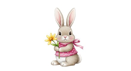 Fototapeta premium Easter day bunny holding yellow flower in pink dress on white background