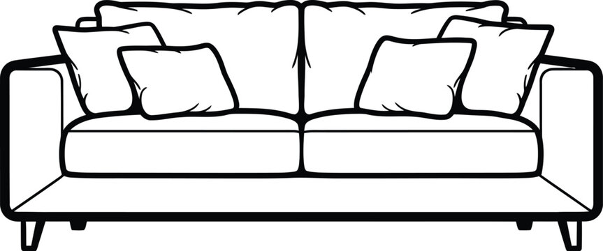 Simple line art illustration of a comfortable modern sofa featuring plush cushions and clean symmetrical design elements