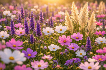 Obraz premium Vibrant meadow of colorful cosmos flowers and purple lavender under warm golden hour sunlight, creating a serene and beautiful natural background for spring and summer themes.