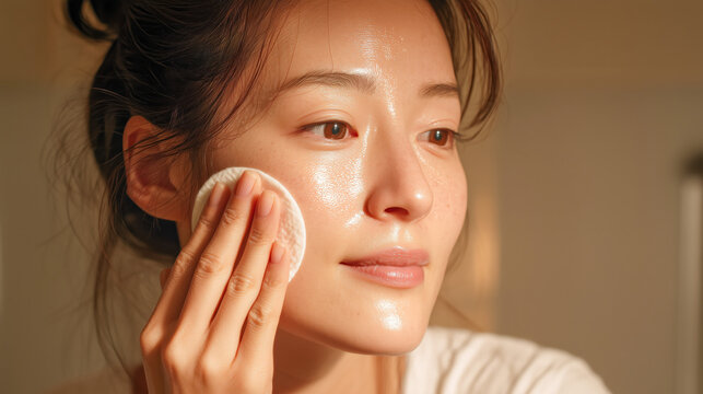 Macro woman applying skincare with a cotton pad