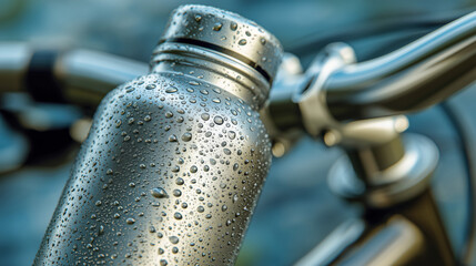 Obraz premium Stainless steel water bottle on a bicycle