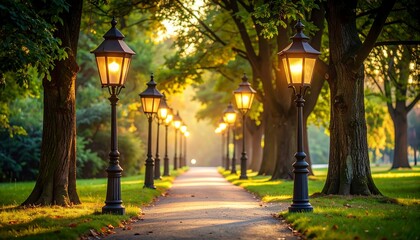 Fototapeta premium Path with lanterns in a park at sunset