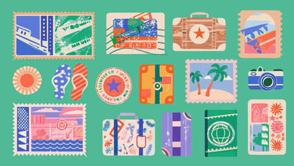 Colorful travel themed stickers and icons depicting vacation and adventure © MihirKumarMondal