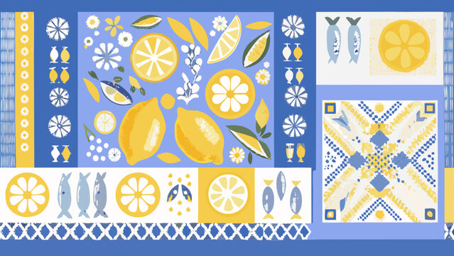 A vibrant patterned arrangement of lemons fish and floral motifs