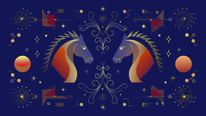 Two horses facing each other with celestial and floral elements © MihirKumarMondal