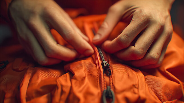 Macro of hands fastening an orange jacket zipper