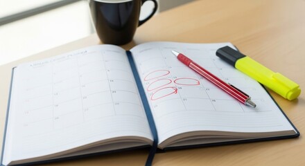 open planner with circled dates, pen, and highlighter on wooden desk