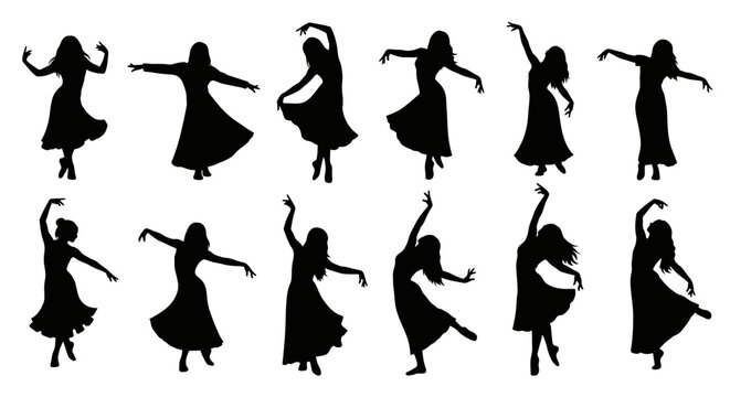 Silhouette of Dancing Women in Traditional Dress.