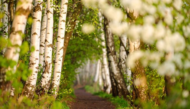 Pathway through a birch tree grove in spring