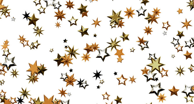 Festive gold and bronze star confetti floating on a white background. Perfect for celebrations, holidays, and design pro