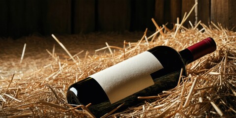 Naklejka premium Wine bottle rests upon straw. Dramatic lighting highlights glass, label. Rustic setting evokes cellar ambiance. Simple composition.