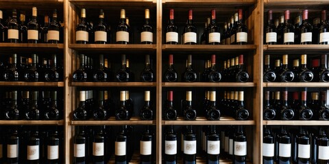 Naklejka premium Wine bottles fill wooden shelves. Dark background emphasizes collection, creating warm ambiance. Rows showcase variety, depth.