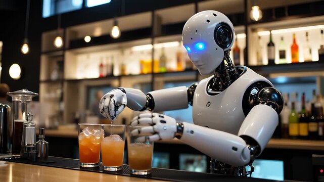 Robot Bartender Mixing Drinks in Modern Bar Setting at Night