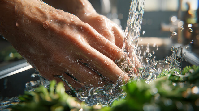 Hands under running water washing greens in the kitchen