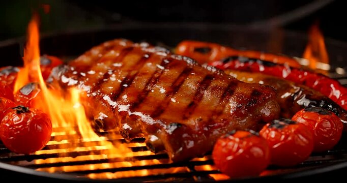 Grilled ribs and tomatoes on fire.