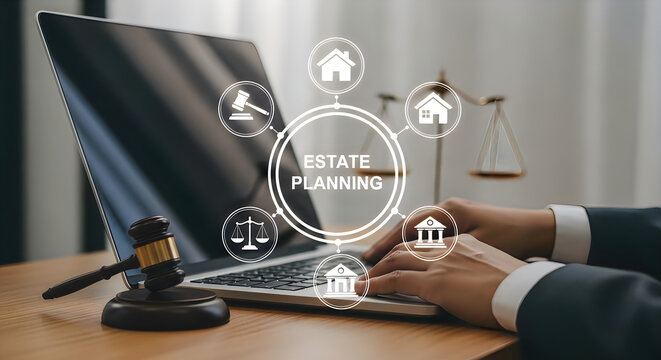 A legal professional using a laptop for estate planning services with digital icons and a gavel