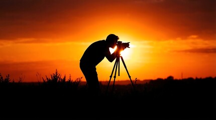 A photographer takes a picture with a camera on a tripod during a vibrant sunset