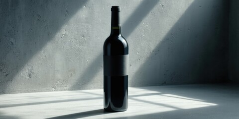 Naklejka premium Dark wine bottle sits on surface. Dramatic lighting creates strong shadows, highlighting texture, form. Minimalist composition.