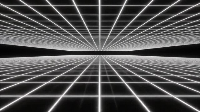 Futuristic Digital Virtual Space Matrix with Infinite Perspective Grid Motion Graphic Loop in Monochromatic Black and White Aesthetic for High Definition 4K Abstract Tech Background Visualization