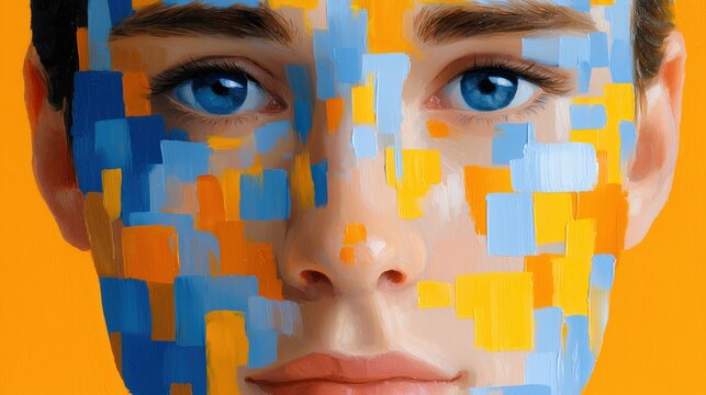 Close-up portrait of a persons face with abstract blue and orange paint strokes, vibrant colors, artistic style