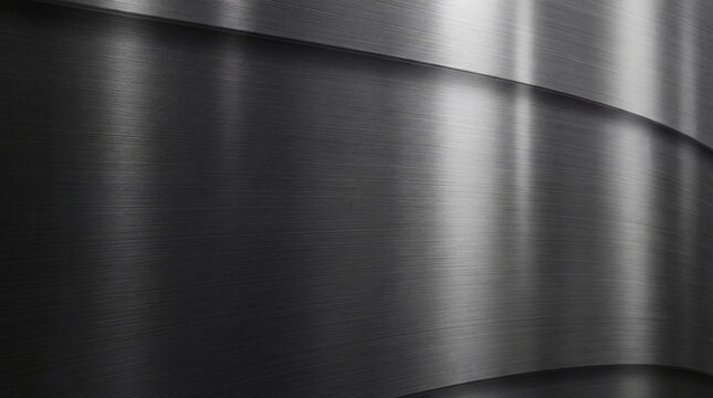 Modern industrial background of brushed dark metallic surfaces with elegant curves and reflections.