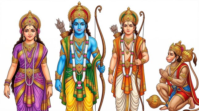 Divine Ram Darbar Depicting Lord Rama Seeta Lakshmana And Hanuman Standing Together In Royal Attire Blessing Devotees With Grace Against White Background Traditional Indian Religious Art 