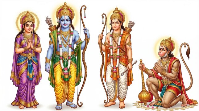 Divine Ram Darbar Depicting Lord Rama Seeta Lakshmana And Hanuman Standing Together In Royal Attire Blessing Devotees With Grace Against White Background Traditional Indian Religious Art 