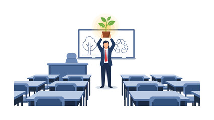 Educational Environmental Advocate: A dedicated educator stands in a classroom, championing the cause of sustainability by holding up a seedling. © Karima