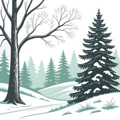 Obraz premium A winter scene with a snow covered pine tree and a bare tree