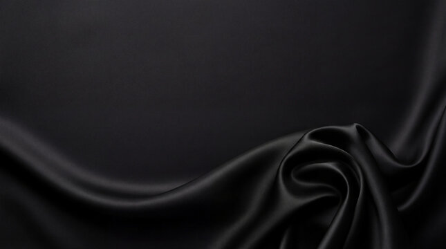 Luxurious black silk fabric draped with an elegant swirl and soft waves.