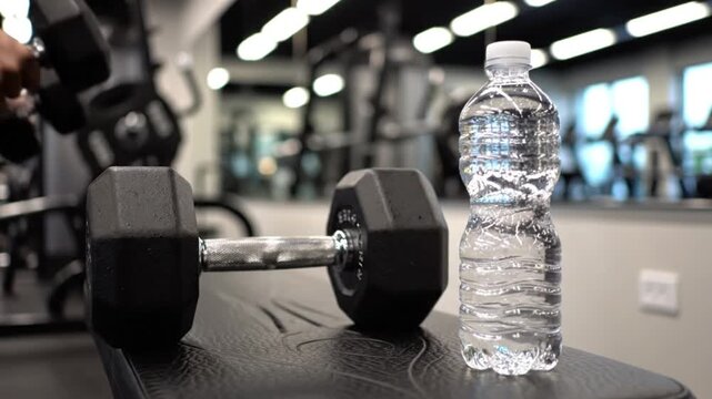A close-up view captures a heavy black dumbbell positioned alongside a clear plastic water bottle on a dark, textured gym bench. The bottle shows subtle condensation, indicating a refreshing break or 